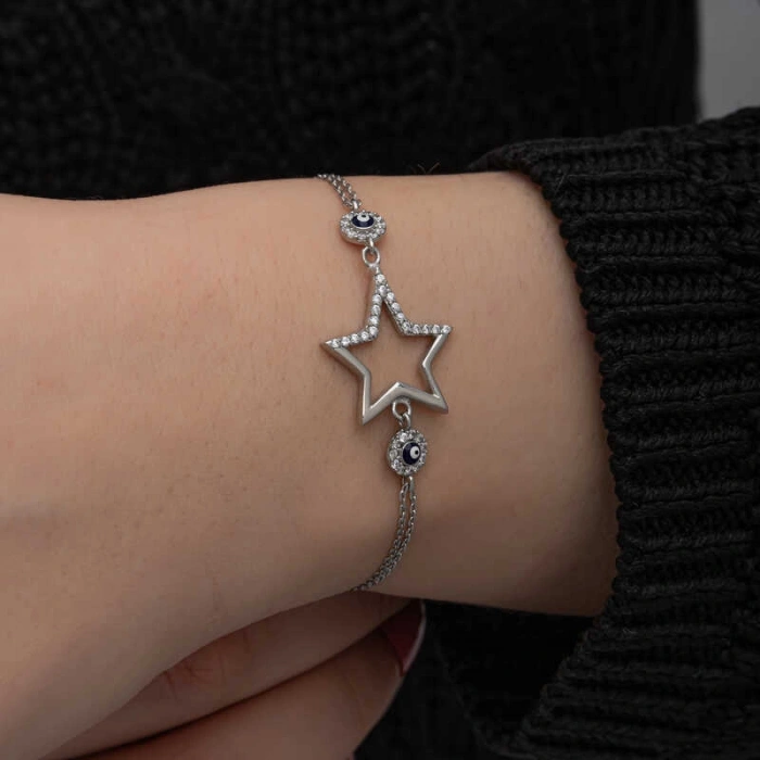 925 Ayar Gümüş Yıldız Nazarlı Kadın Bileklik T8652 (599)