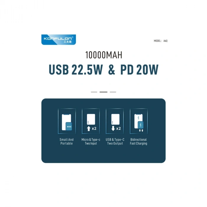 A6Q 22.5w Usb 3.0 Ve 20w Type-c Çıkışlı 10.000 Mah Pd Powerbank - Siyah