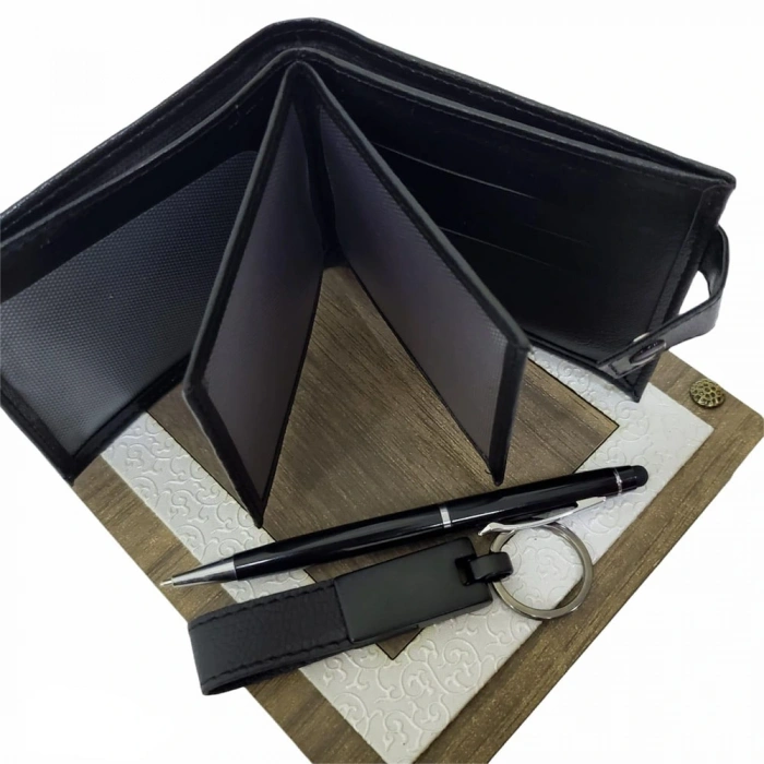 Ahşap Deri Kutulu Siyah Renk 3lü Hediye Seti - Kalem, Cüzdan, Anahtar