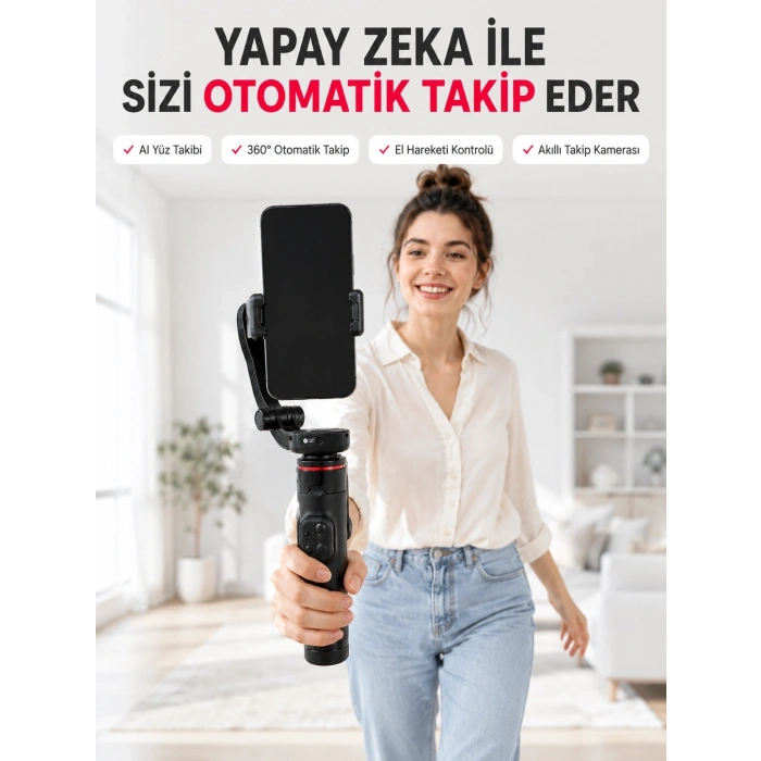 Aı Yüz Takip Özellikli Gimbal Selfie Stick 360° Dönebilen Telefon Tutucu Uzayabilir Bluetooth Kumandalı