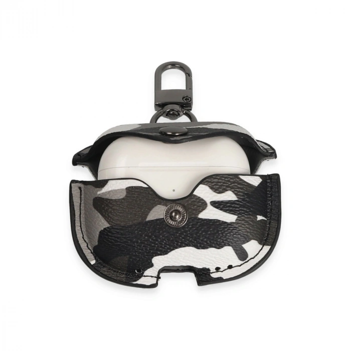 Airpods 3 (3.nesil) Çanta Kamuflaj Deri Kılıf - Gri