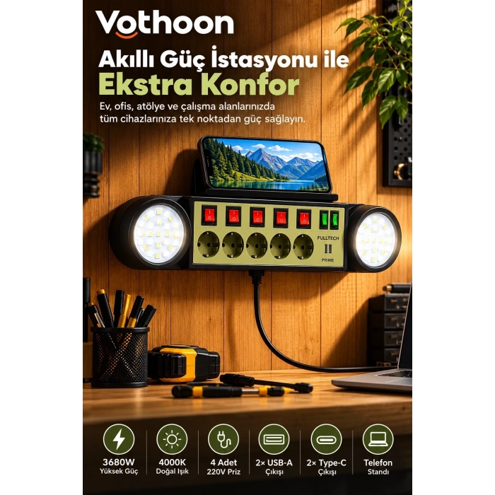 Akıllı Masaüstü Duvar Tipi Akım Korumalı 5’li Priz 3680w Led Işıklı Usb-a Type-c Telefon Standlı