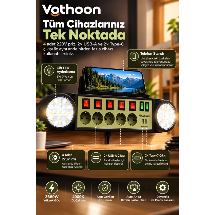Akıllı Masaüstü Duvar Tipi Akım Korumalı 5’li Priz 3680w Led Işıklı Usb-a Type-c Telefon Standlı