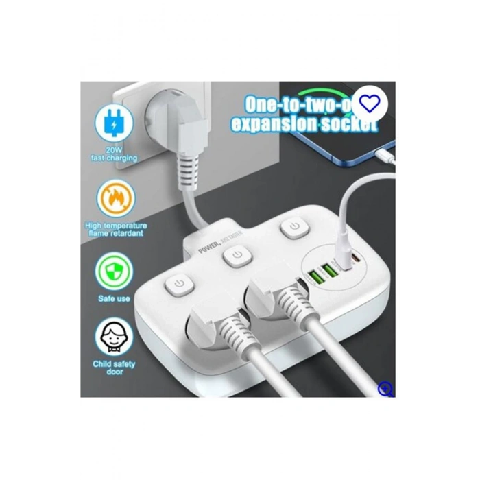 Akım Korumalı 2’li Ayrı Anahtarlı Priz, 2x Priz, 3x Usb, 1x Type-c, 2 Mt Kablo, Hızlı Şarj