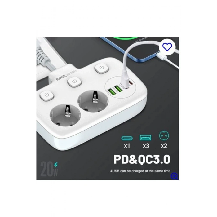 Akım Korumalı 2’li Ayrı Anahtarlı Priz, 2x Priz, 3x Usb, 1x Type-c, 2 Mt Kablo, Hızlı Şarj