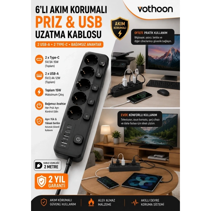 Akım Korumalı 5’li Priz 2xusb 2xtype-c Çıkış Akım Koruma Çoklu Priz Çoğaltıcı Anahtarlı Ftr-31 Siyah