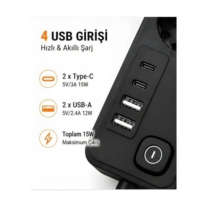 Akım Korumalı 5’li Priz 2xusb 2xtype-c Çıkış Akım Koruma Çoklu Priz Çoğaltıcı Anahtarlı Ftr-31 Siyah