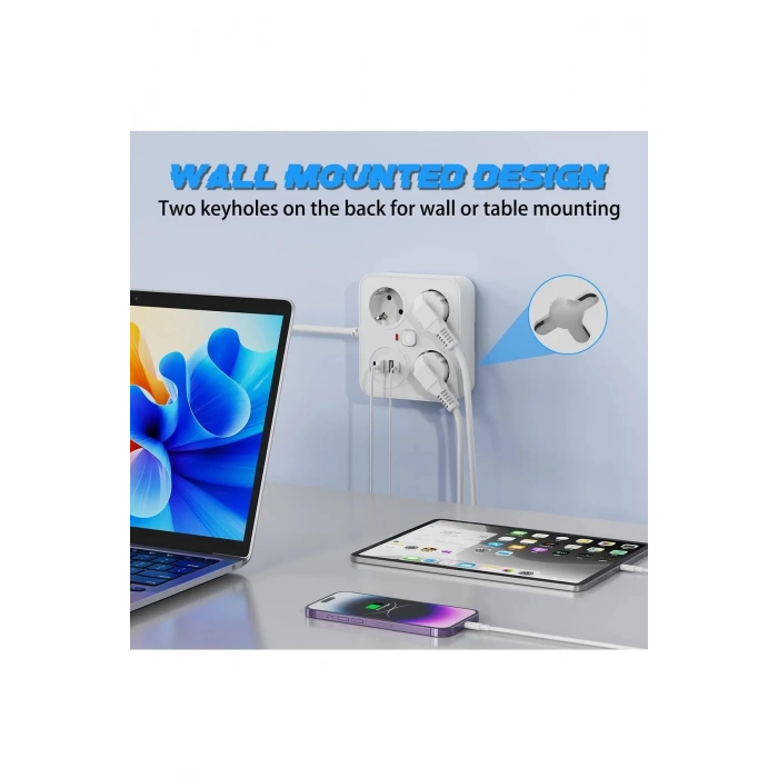 Akım Korumalı Anahtarlı Priz - 3x Priz - 2x Usb - 2x Type-c - 2 Mt Kablo Hızlı Şarj Özellikli Siyah