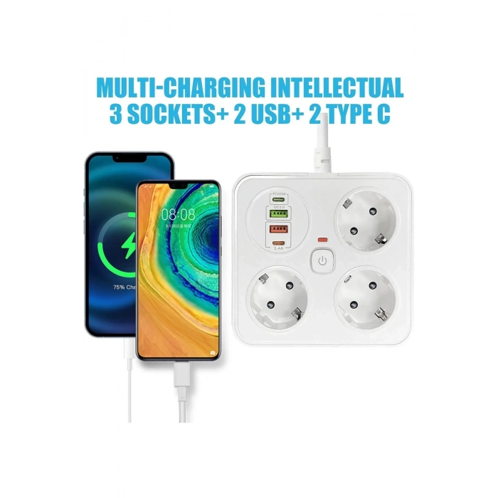 Akım Korumalı Anahtarlı Priz - 3x Priz - 2x Usb - 2x Type-c - 2 Mt Kablo Hızlı Şarj Özellikli Siyah