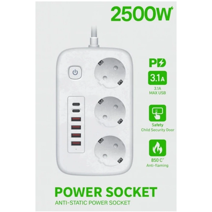  akım Korumalı Priz Ve Masaüstü Şarj İstasyonu Kablosuz 3 Priz ,4 Usb, 2 Type-c Girişli 2 Metre