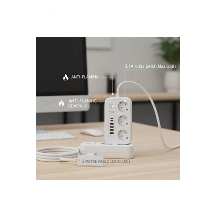  akım Korumalı Priz Ve Masaüstü Şarj İstasyonu Kablosuz 3 Priz ,4 Usb, 2 Type-c Girişli 2 Metre