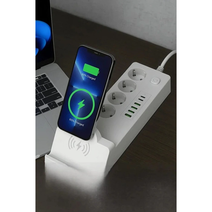 Akım Korumalı Priz Ve Masaüstü Şarj İstasyonu Kablosuz 4 Priz ,4 Usb, 2 Type-c Girişli 2 Metre