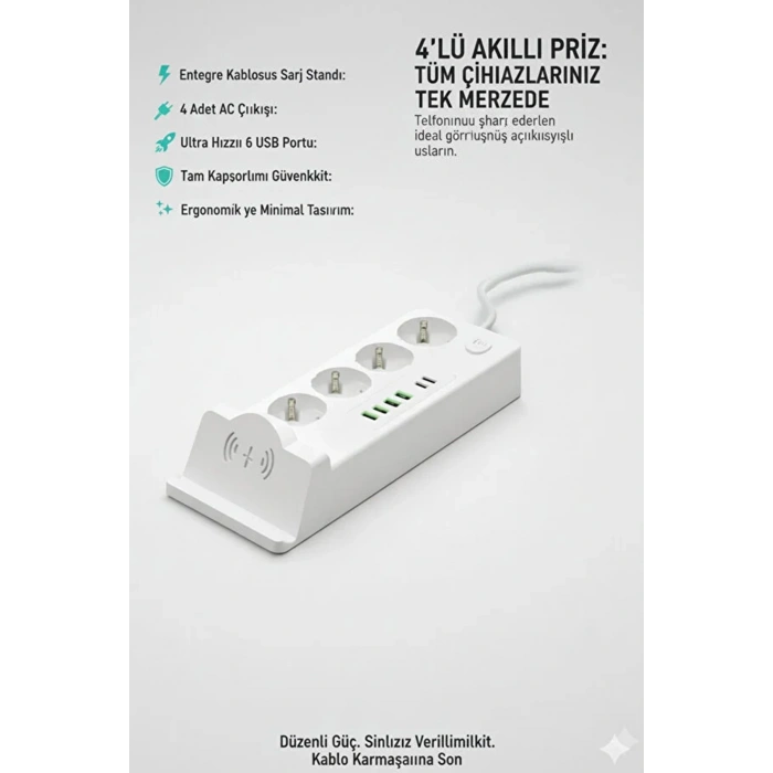 Akım Korumalı Priz Ve Masaüstü Şarj İstasyonu Kablosuz 4 Priz ,4 Usb, 2 Type-c Girişli 2 Metre