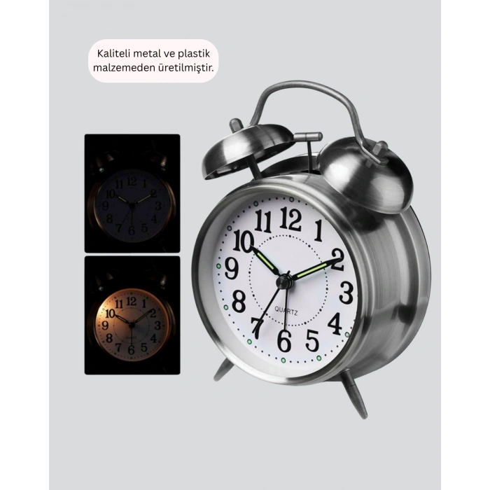 Alarmlı Dekoratif Yuvarlak Masa Saati Gümüş Renk Sessiz Ve Işıklı