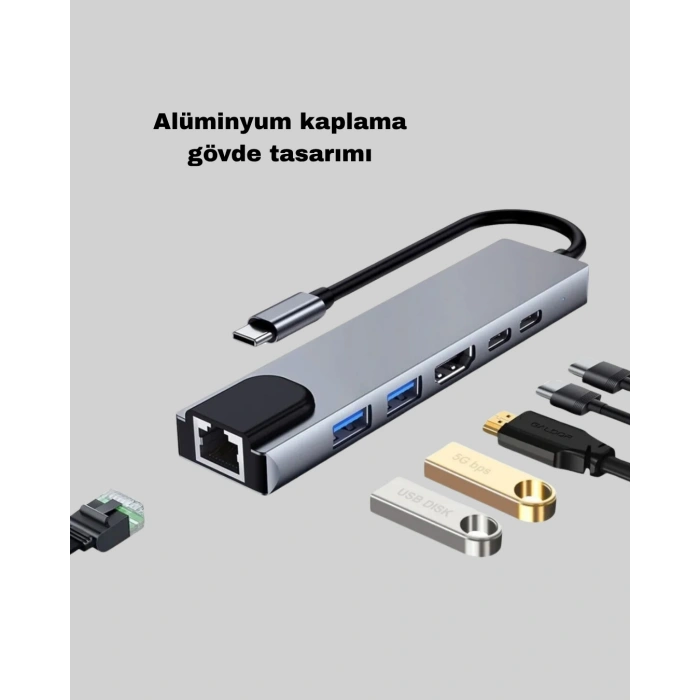 Alüminyum Kasalı Macbook Usb-c Hub – 4k Hdmı, Usb 3.0, Sd/tf Kart Girişi, Pd Şarj Desteği