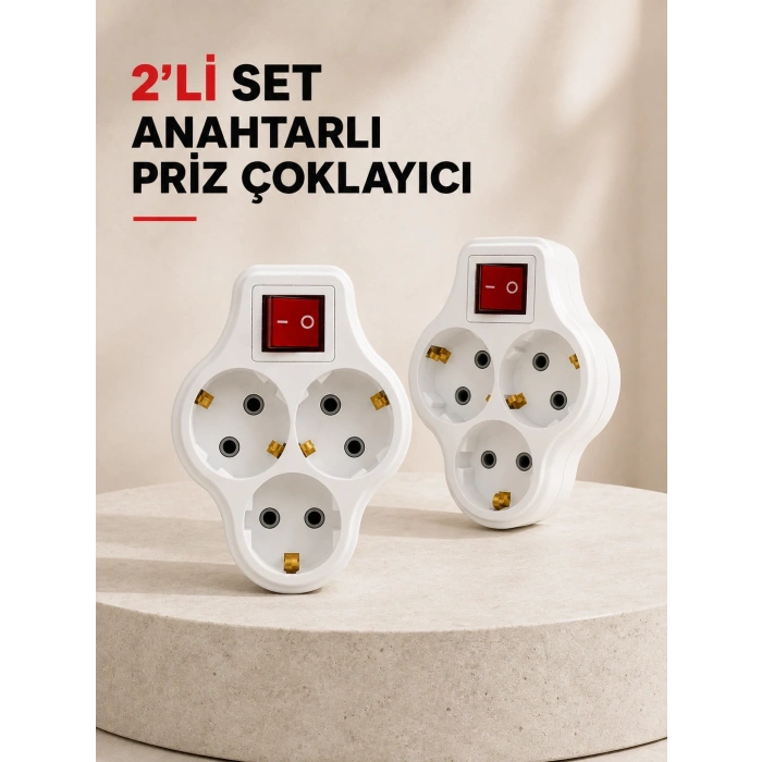Anahtarlı 3 Çıkışlı Priz Çoğaltıcı Ev Ofis İçin Kablosuz 2’li Avantajlı Set