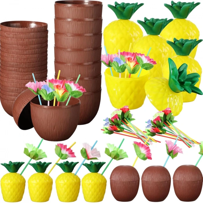 Ananas  Hindistan Cevizi Tasarımlı Pipetli Bardak Seti (6 Adet)