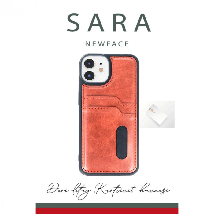 Apple İphone 11 Kılıf Sara Kartvizitli Deri Kılıf - Kırmızı