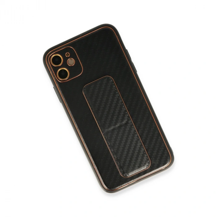 Apple İphone 12 Kılıf Coco Karbon Standlı Kapak - Siyah