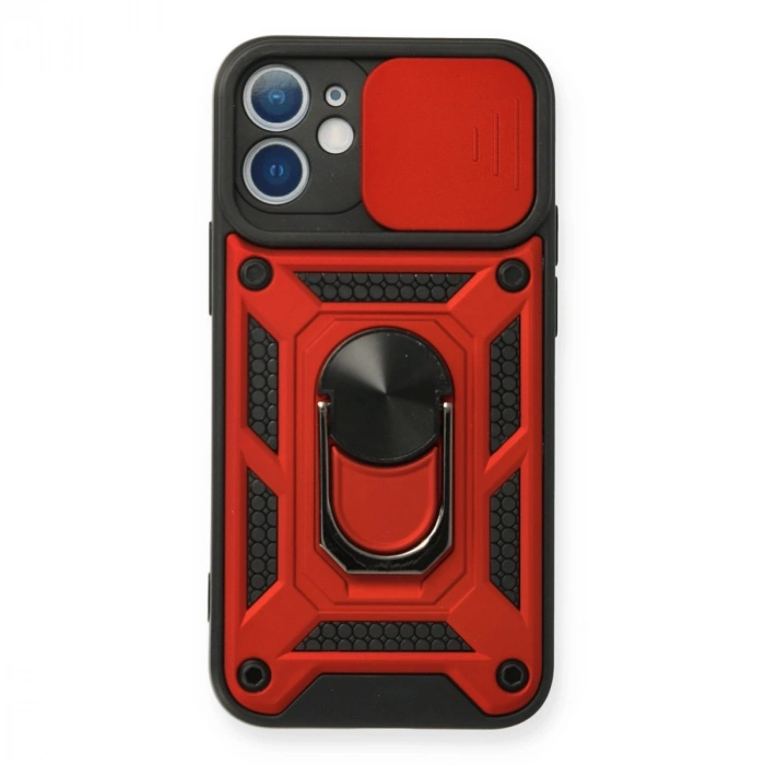 Apple İphone 12 Mini Kılıf Pars Lens Yüzüklü Silikon - Kırmızı