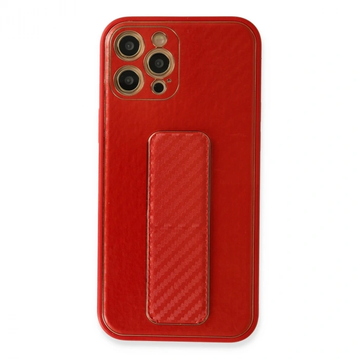 Apple İphone 12 Pro Kılıf Coco Karbon Standlı Kapak - Kırmızı