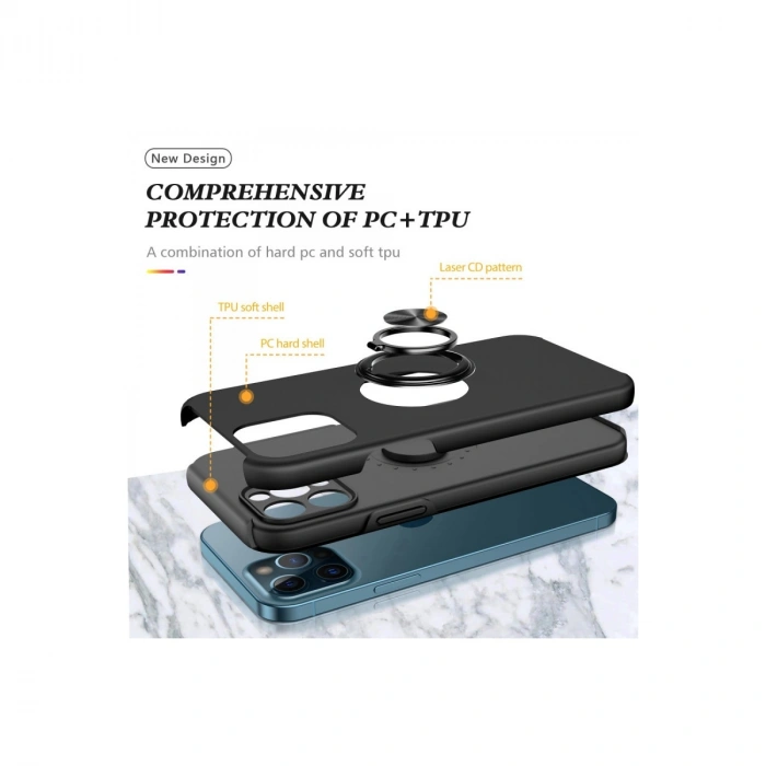 Apple İphone 12 Pro Max Kılıf Elit Yüzüklü Kapak - Siyah