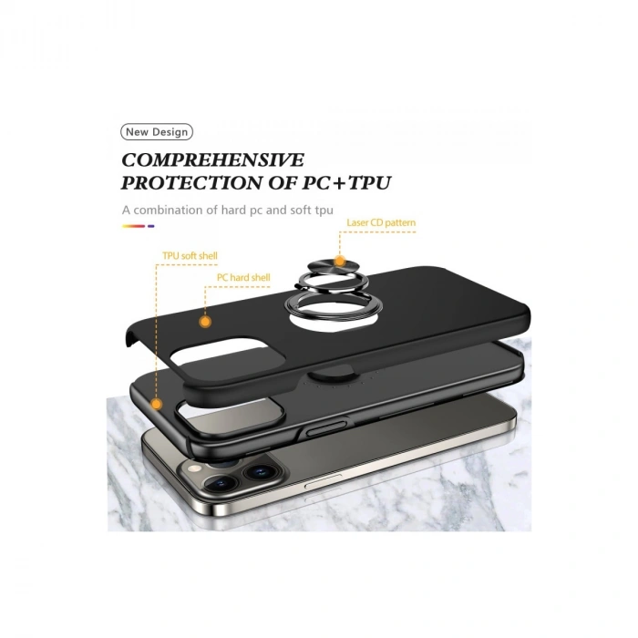 Apple İphone 13 Pro Max Kılıf Elit Yüzüklü Kapak - Siyah