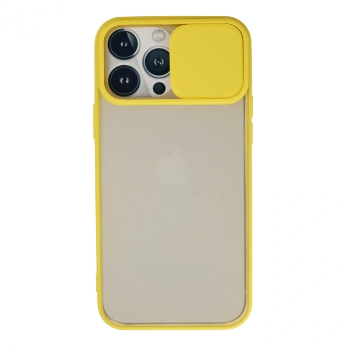 Apple İphone 13 Pro Max Kılıf Palm Buzlu Kamera Sürgülü Silikon - Sarı