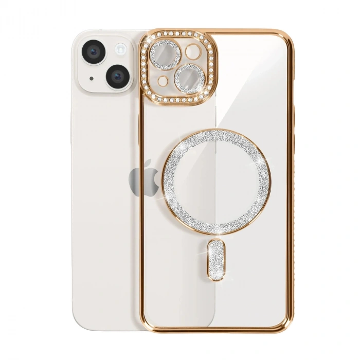 Apple İphone 14 Kılıf Joke Simli Magneticsafe Kılıf - Gold