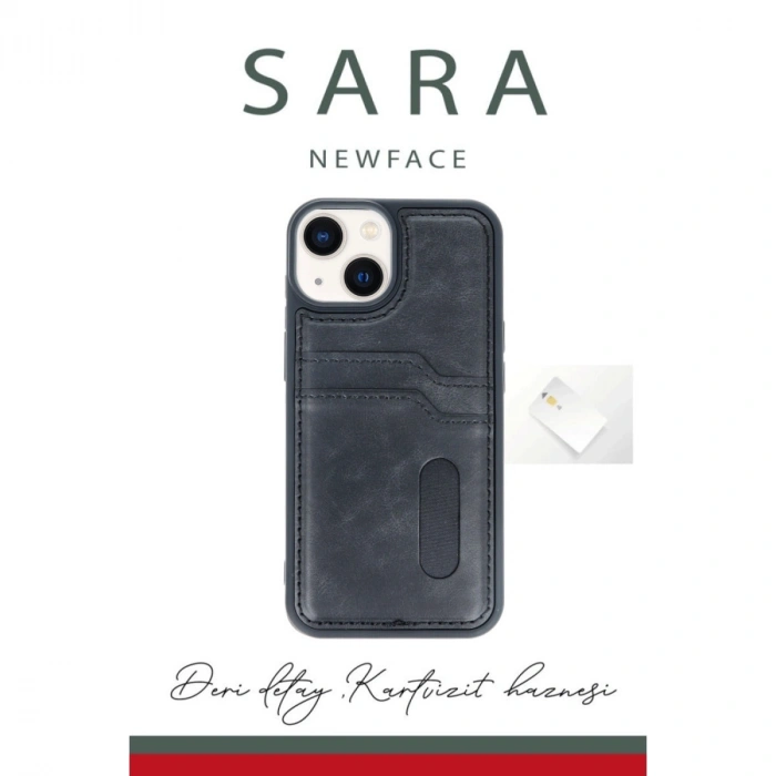 Apple İphone 14 Kılıf Sara Kartvizitli Deri Kılıf - Siyah
