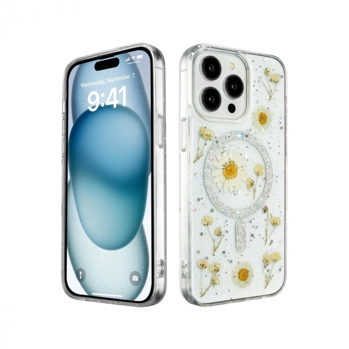 Apple İphone 14 Pro Kılıf Daisy Simli Magsafe Kapak - Gümüş