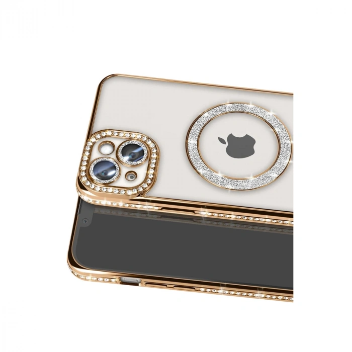 Apple İphone 15 Kılıf Joke Simli Magneticsafe Kılıf - Gold