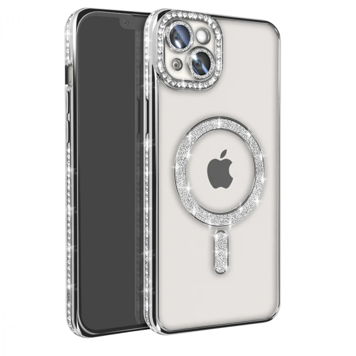 Apple İphone 15 Kılıf Joke Simli Magneticsafe Kılıf - Gümüş