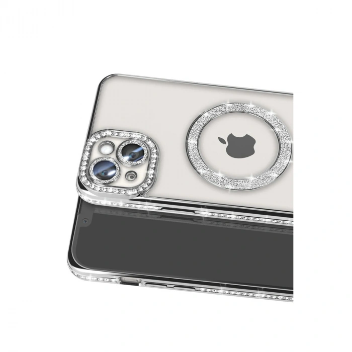 Apple İphone 15 Kılıf Joke Simli Magneticsafe Kılıf - Gümüş