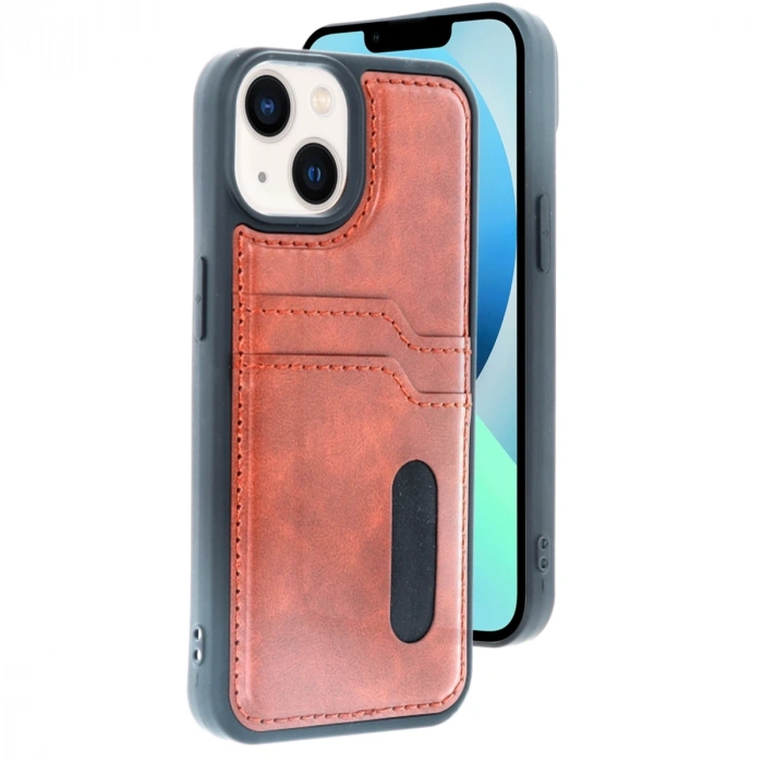 Apple İphone 15 Sara Kartvizitli Deri Kılıf - Taba