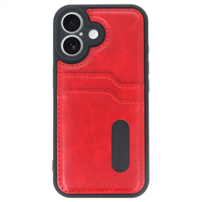 Apple İphone 16 Kılıf Sara Kartvizitli Deri Kılıf - Kırmızı