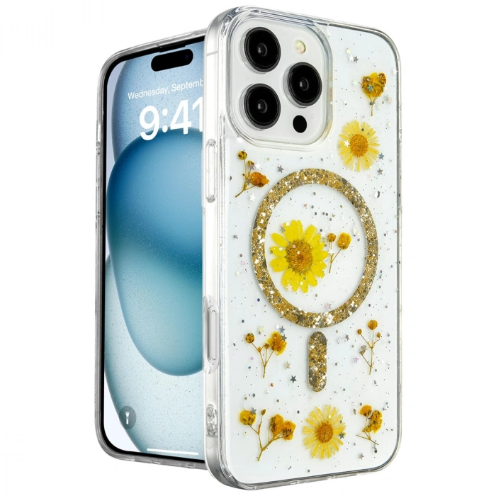 Apple İphone 16 Pro Kılıf Daisy Simli Magsafe Kapak - Gold