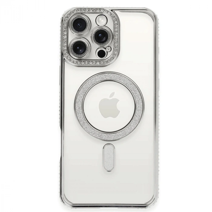 Apple İphone 16 Pro Kılıf Joke Simli Magneticsafe Kılıf - Gümüş