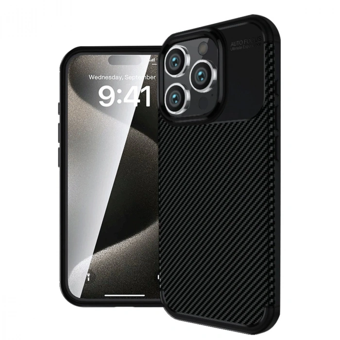 Apple İphone 16 Pro Max Kılıf Auto Focus Karbon Kapak - Siyah
