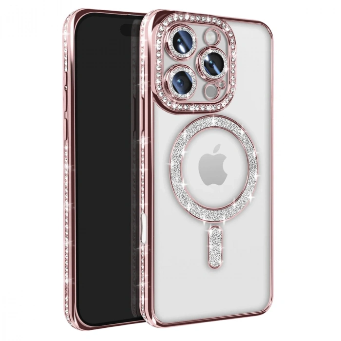 Apple İphone 16 Pro Max Kılıf Joke Simli Magneticsafe Kılıf - Pembe