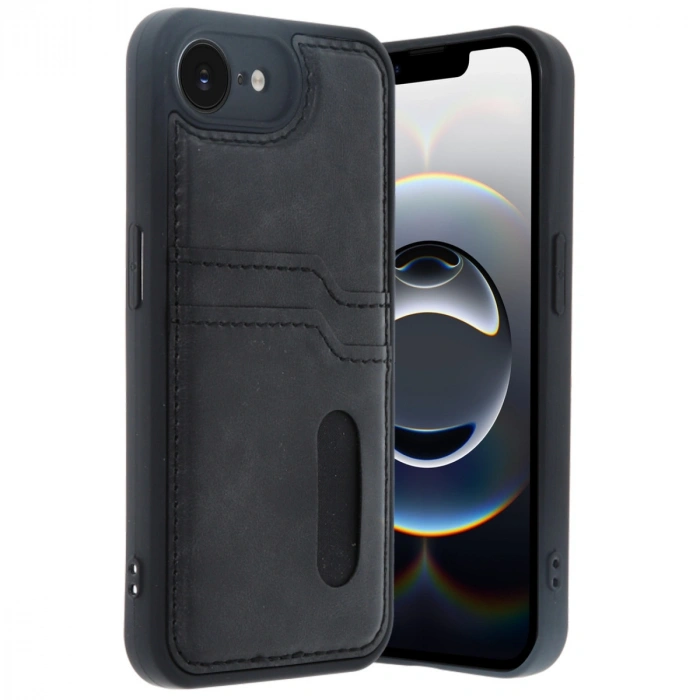 Apple İphone 16e Kılıf Sara Kartvizitli Deri Kılıf - Siyah
