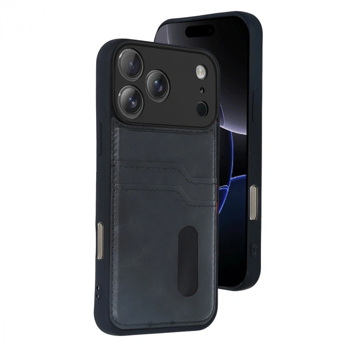 Apple İphone 17 Pro Max Sara Kartvizitli Deri Kılıf - Siyah