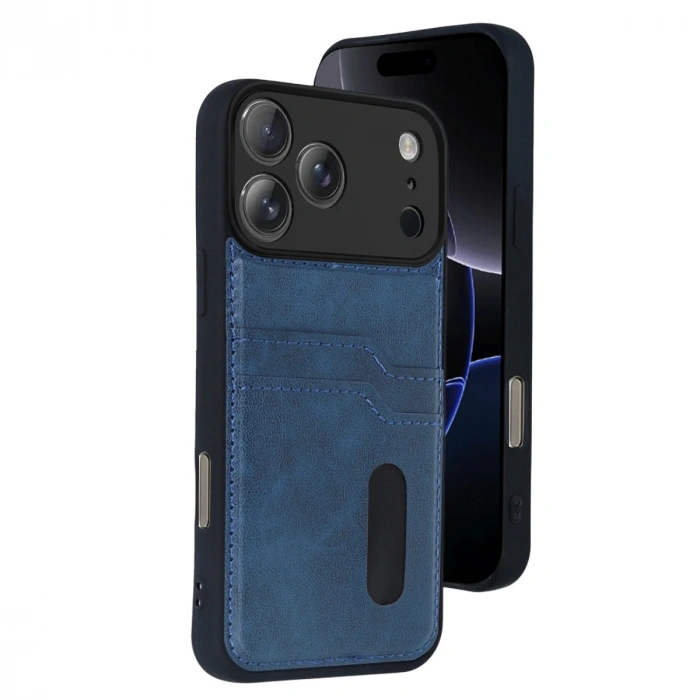 Apple İphone 17 Pro Sara Kartvizitli Deri Kılıf - Lacivert