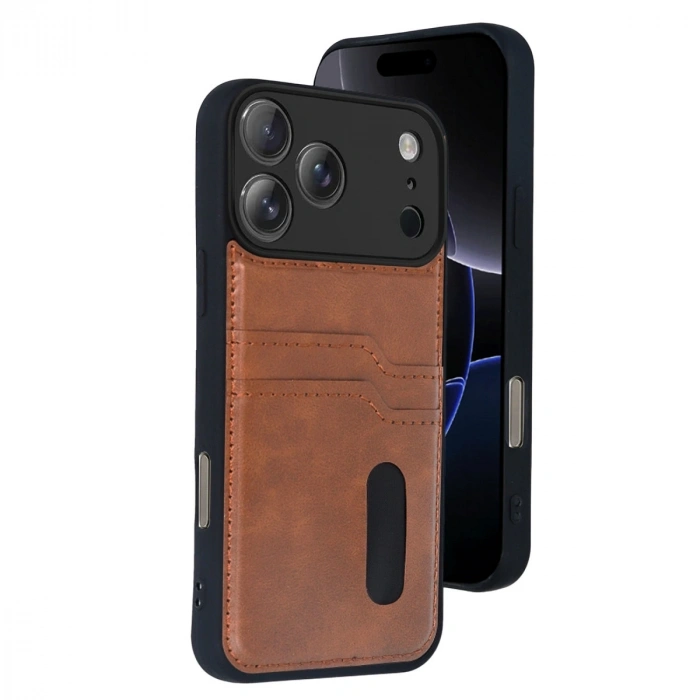 Apple İphone 17 Pro Sara Kartvizitli Deri Kılıf - Taba