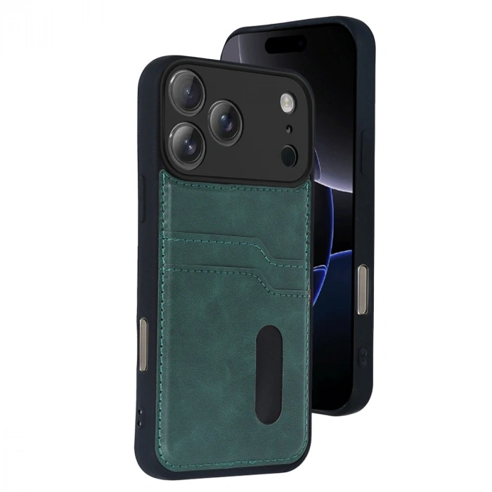 Apple İphone 17 Pro Sara Kartvizitli Deri Kılıf - Yeşil