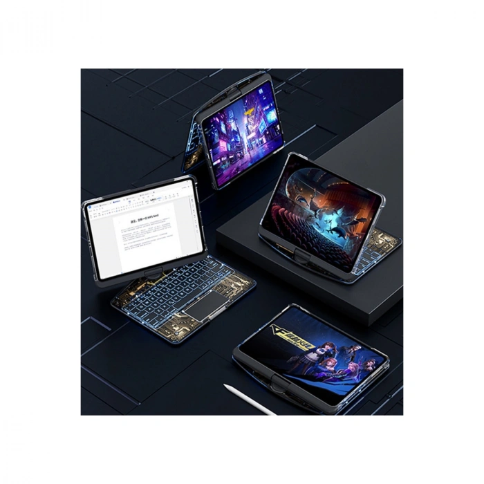 Apple Jp11 İpad Pro 11 (2022) Kılıf Vales Dönen Ledli Klavyeli Tablet Kılıfı - Siyah