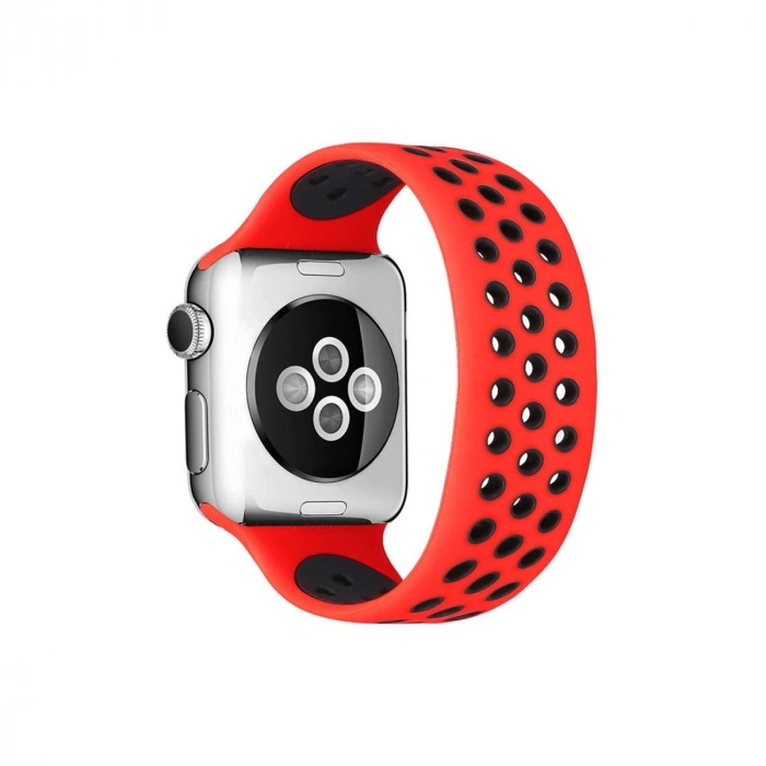 Apple Watch 38mm Ayarlı Delikli Silikon Kordon (saat Değildir) - Kırmızı-siyah