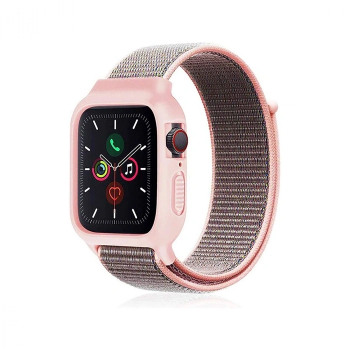 Apple Watch 38mm Hasırlı Cırtcırtlı Kasalı Kordon (saat Değildir) - Pembe