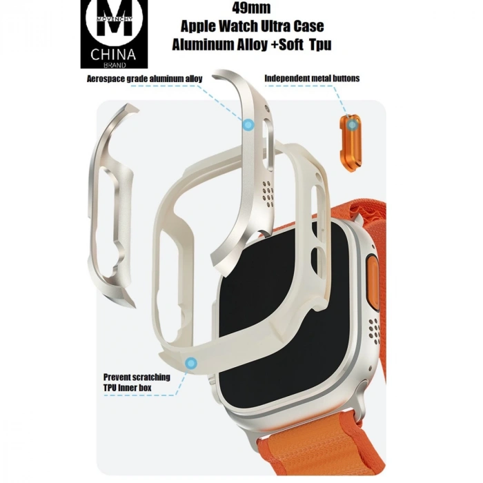 Apple Watch Ultra 49mm Mo-wt3 Alüminyum Camlı Kasa Ekran Koruyucu - Gold