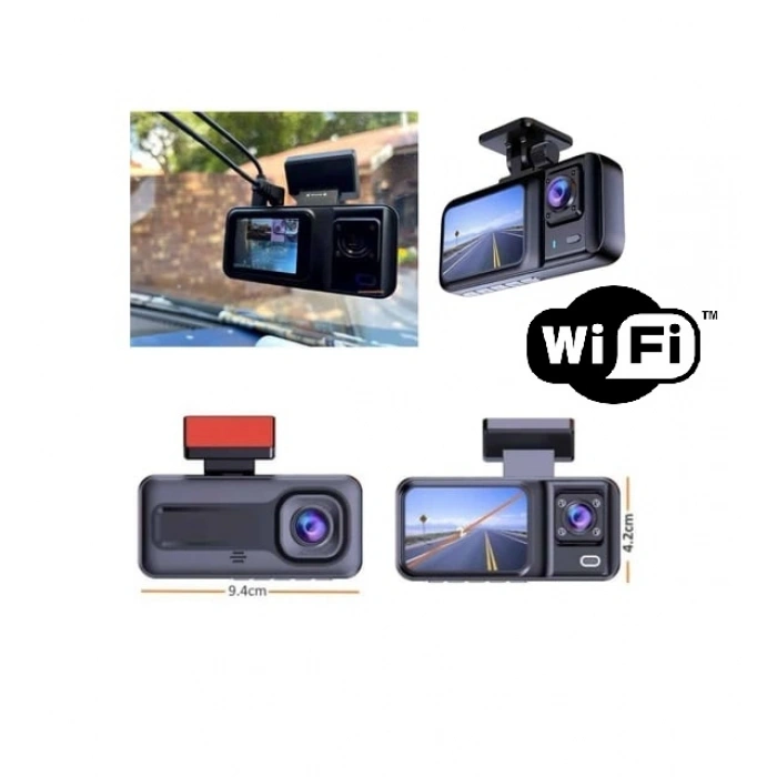 Araç Kamerası - 3 Kameralı Wifi Ön , İç ve Arka Full HD DVR Araç İçi Ekranlı Kamera (599)